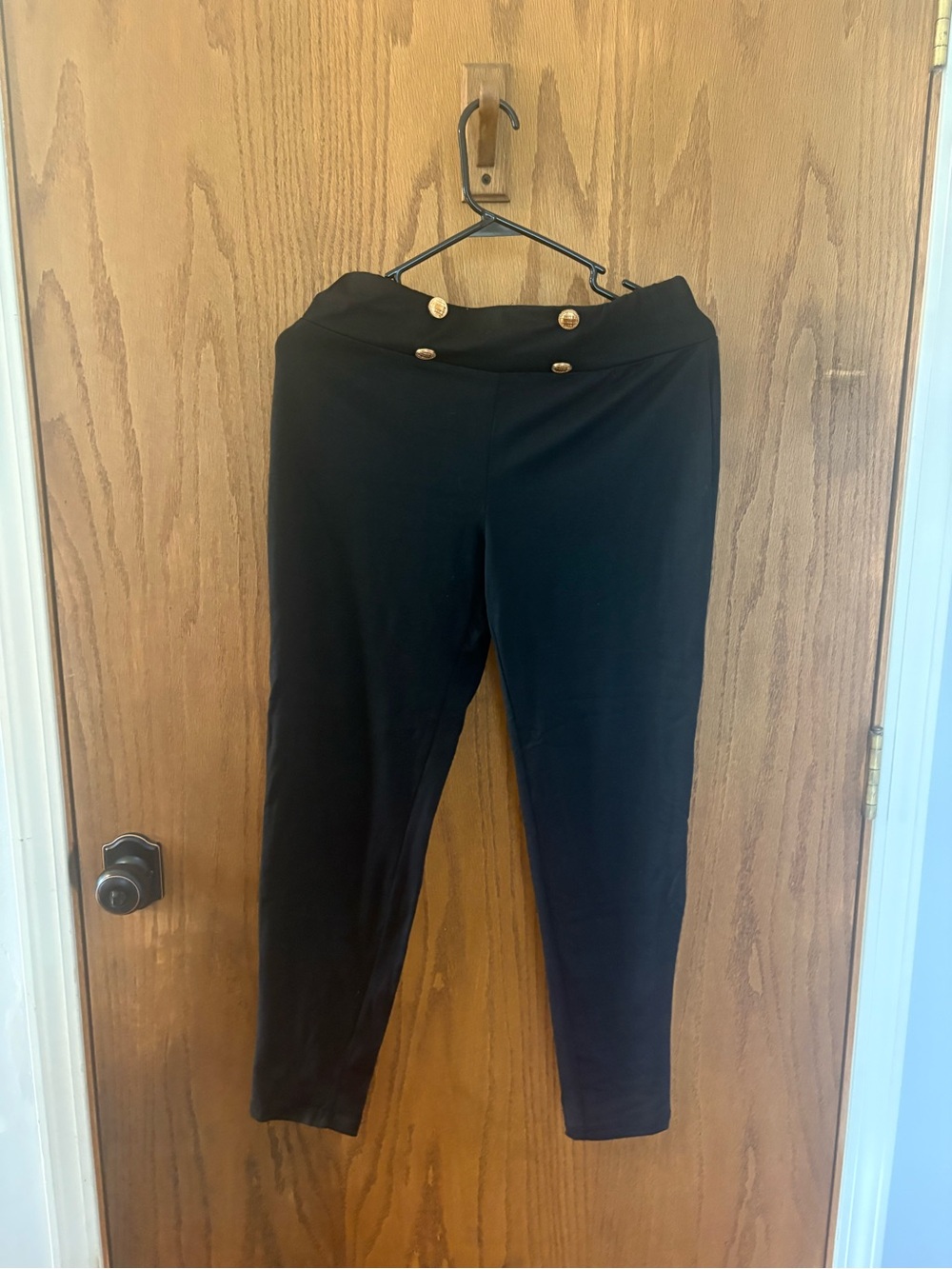 High-Waist Black Ponte Pants with Gold Button Detail